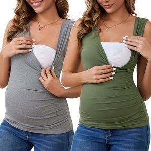 2-Pack Nursing Tank Wrap Ruched Breastfeeding Maternity Tops Gray&Green